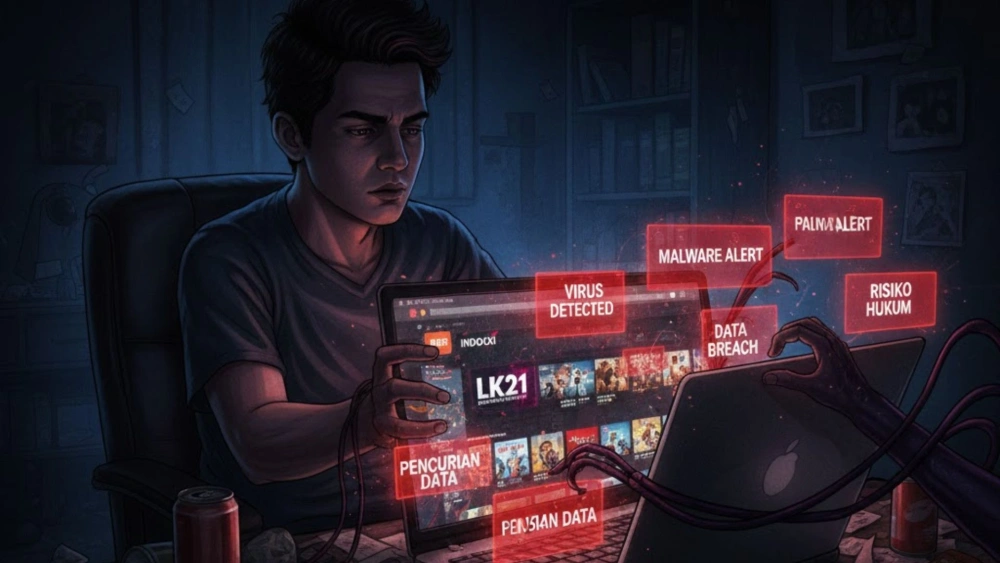 Ilustrasi Bahaya Nonton LK21 (Gemini Ai)