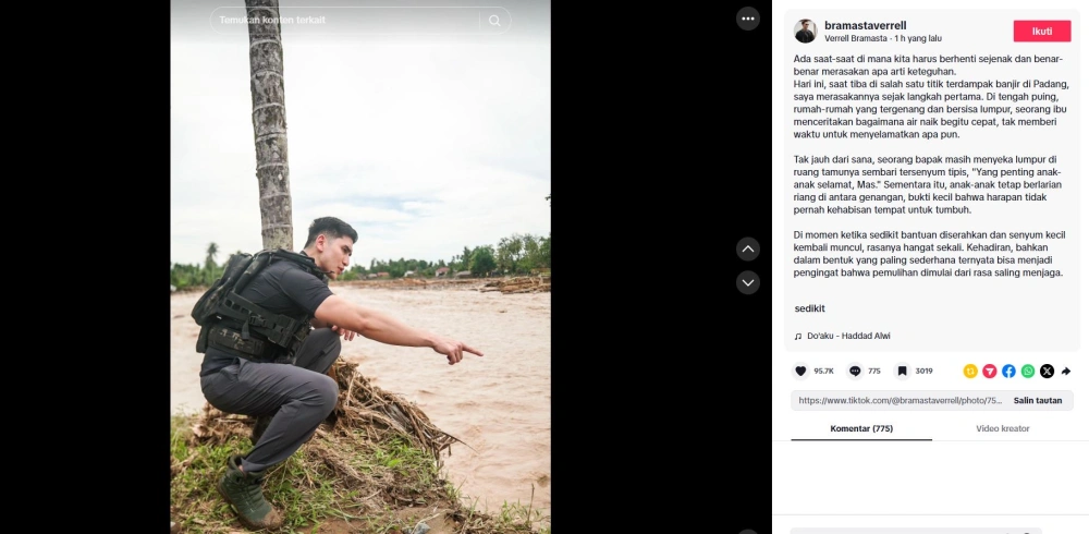Penampilan Verrell Bramasta saat kunjungi korban bencana di Sumatera disorot (TikTok @bramastaverrell)