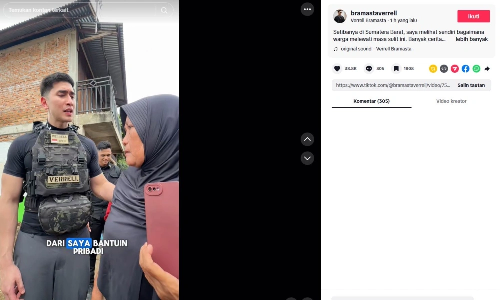 Penampilan Verrell Bramasta saat kunjungi korban bencana di Sumatera disorot (TikTok @bramastaverrell)