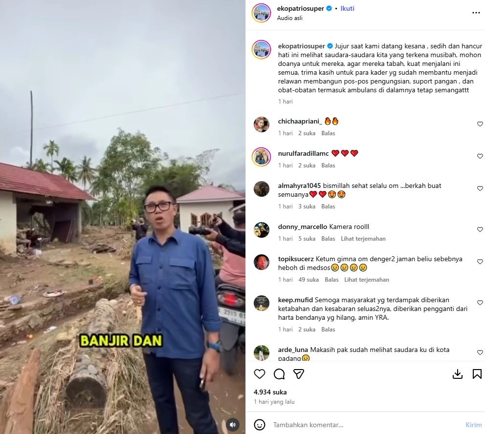 Eko Patrio mengunjungi korban banjir Sumatera (Instagram @ekopatriosuper)