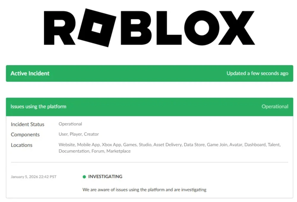 Informasi soal Roblox down dari developer. [Roblox]