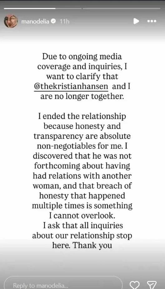 Instagram Story Manoharo Tentang Putus Dari Kristian Hansen 1 [Instagram]