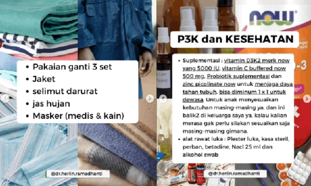 Isi tas darurat untuk menghadapi pemadaman listrik 7 hari. [Instagram/dr Herlin Ramadhanti]