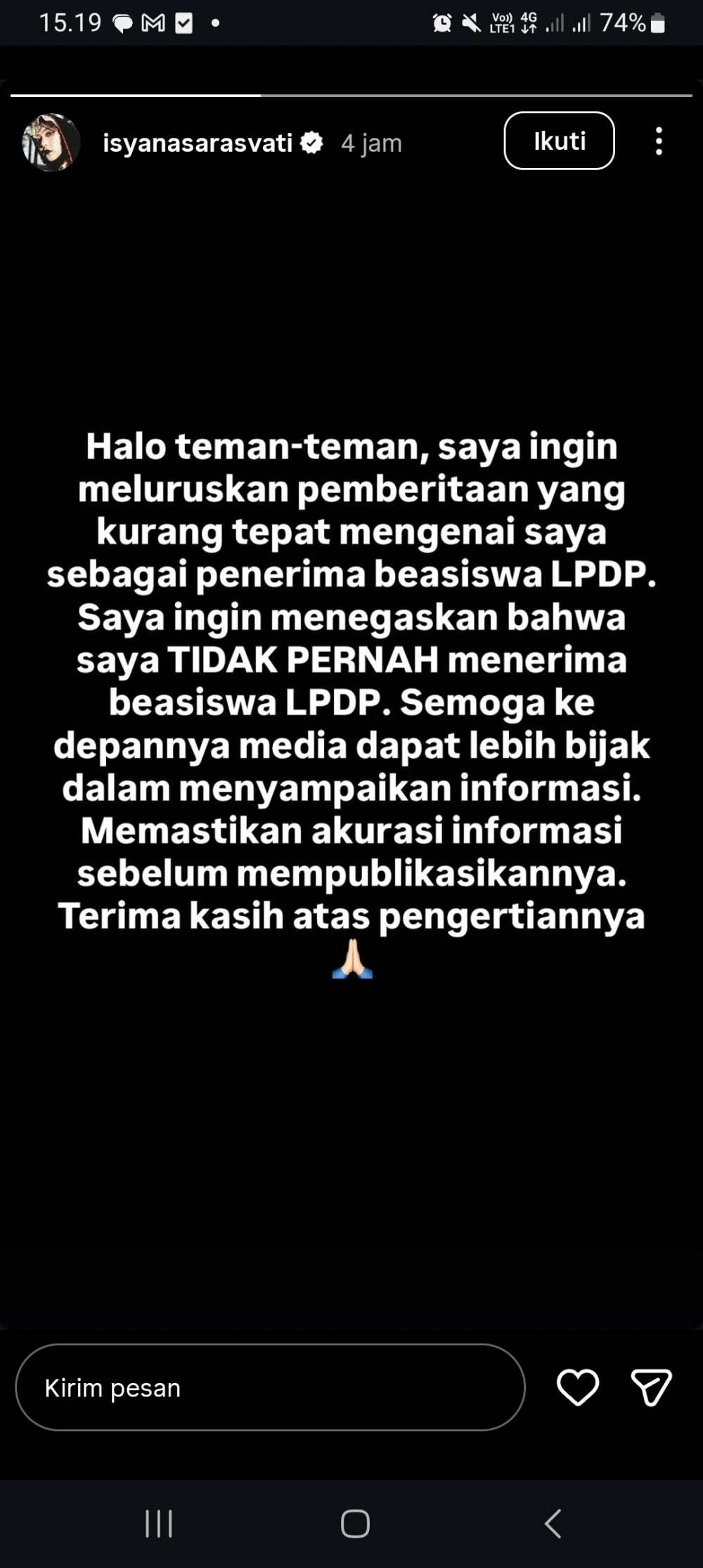 Isyana Sarasvati Bantah Terima Beasiswa LPDP [Sumber: Instagram Isyanasarasvati]