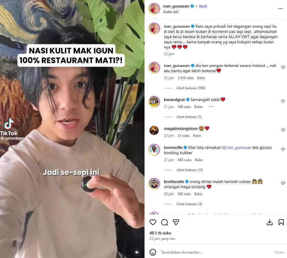 Ivan Gunawan Geram Usia Restoran Mak Igun Disebut Restoran Mati [sumber: Instagram Ivan Gunawan]