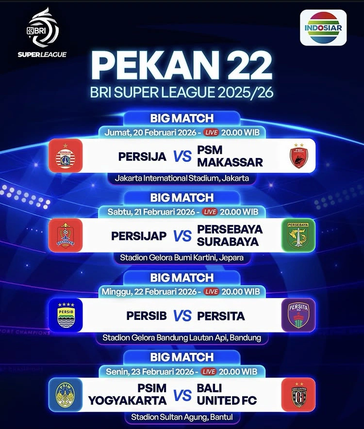 Jadwal BRI Super League Indosiar Pekan 22 [Instagram]