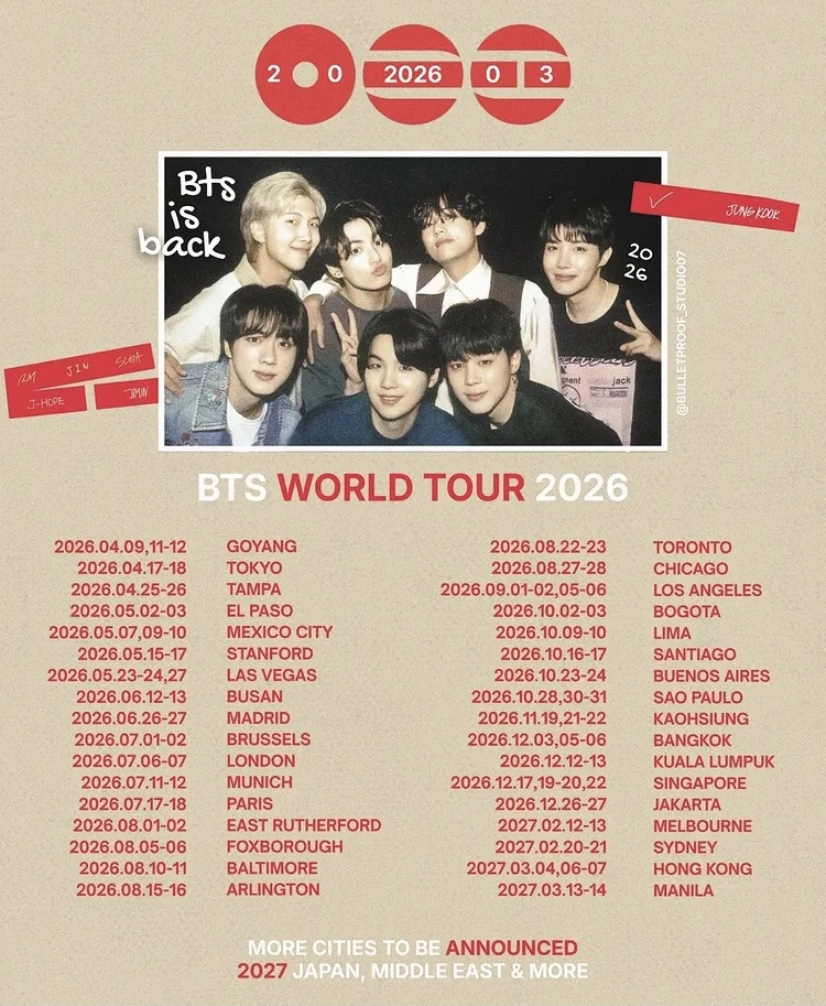Jadwal World Tour 2026 BTS. [Instagram]