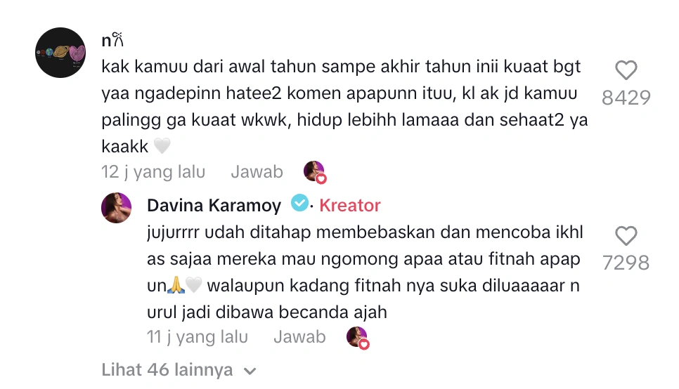 Jawaban Davina Karamoy soal isu yang menerpanya. [TikTok]