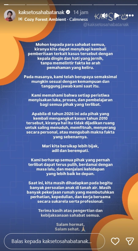 Kak Seto Beri Klarifikasi Soal Kasus Aurelie Moeremans [sumber: Instagram Kaksetosahabatanak]