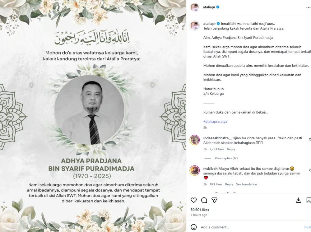 Kakak Atalia Praratya Meninggal Dunia [Sumber: Instagram Ataliapr]
