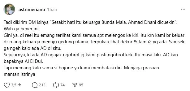 Kakak Maia Estianty Beri Klarifikasi Usai Dituding Cueki Ahmad Dhani [sumber: Threads Astrimerianti]