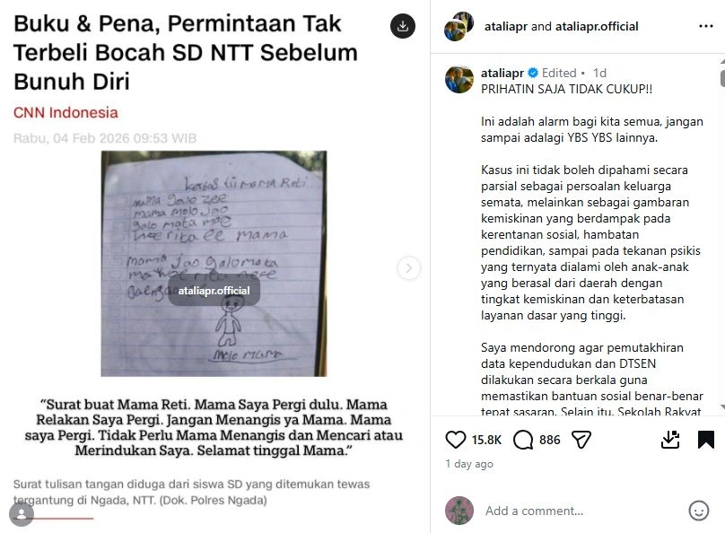 Kasus Anak Sd Di Ntt Bunuh Diri [sumber: Instagram Ataliapr]