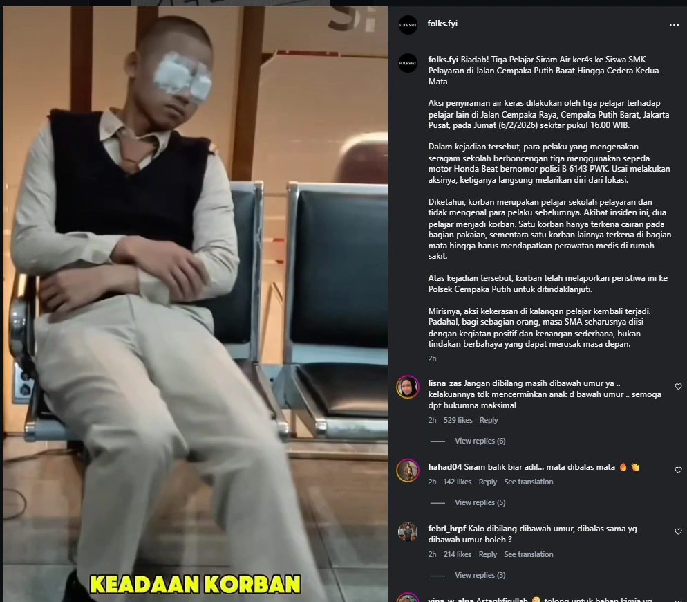 Keadaan Korban penyiraman air keras [sumber: Instagram]