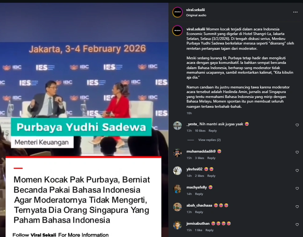 Kelakar Purbaya di acara IES [Sumber: Instagram]