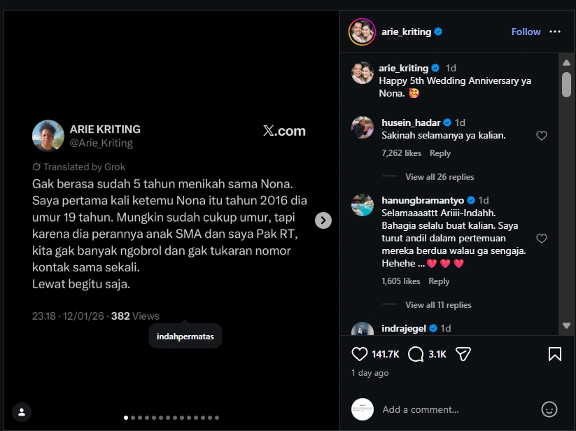 Kisah Cinta Arie Kriting Dan Indah Permatasari [Sumber: Instagram]