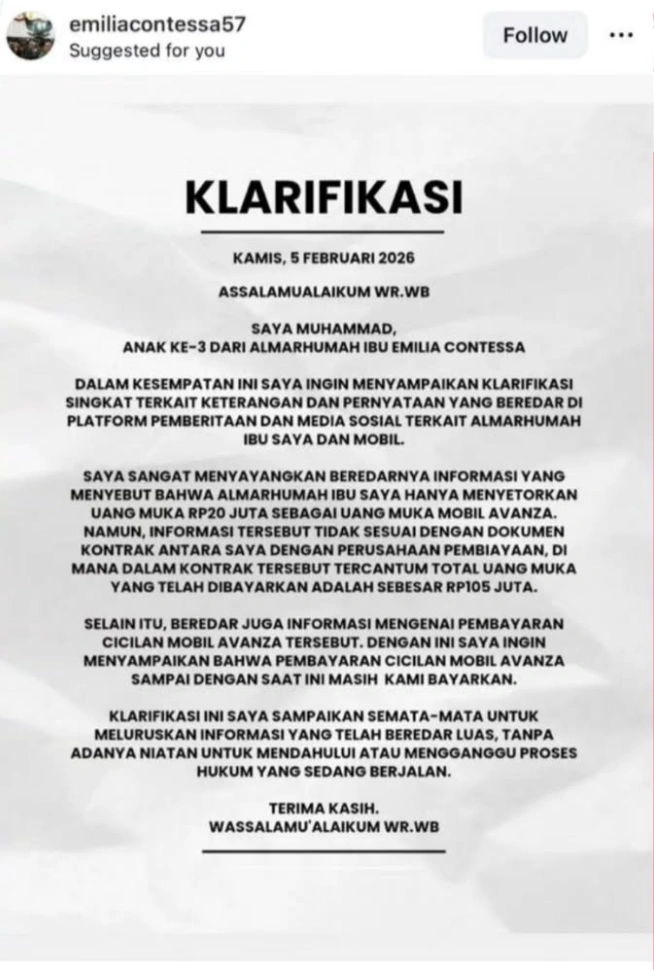Klarifikasi dari Muhammad anak Emilia Contessa. [Instagram]