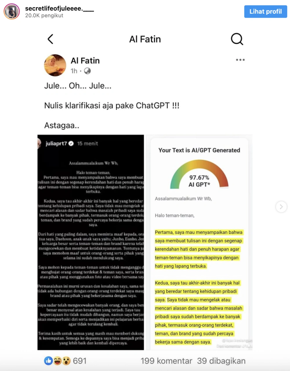 Klarifikasi Jule Diduga Dibuat Dengan Chatgpt. [Instagram/secretlifeofjuleeee_]