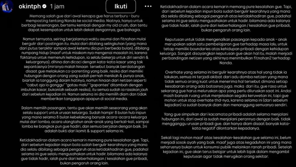 Klarifikasi panjang Okin demi membela sang kekasih, Nanda. [Instagram]