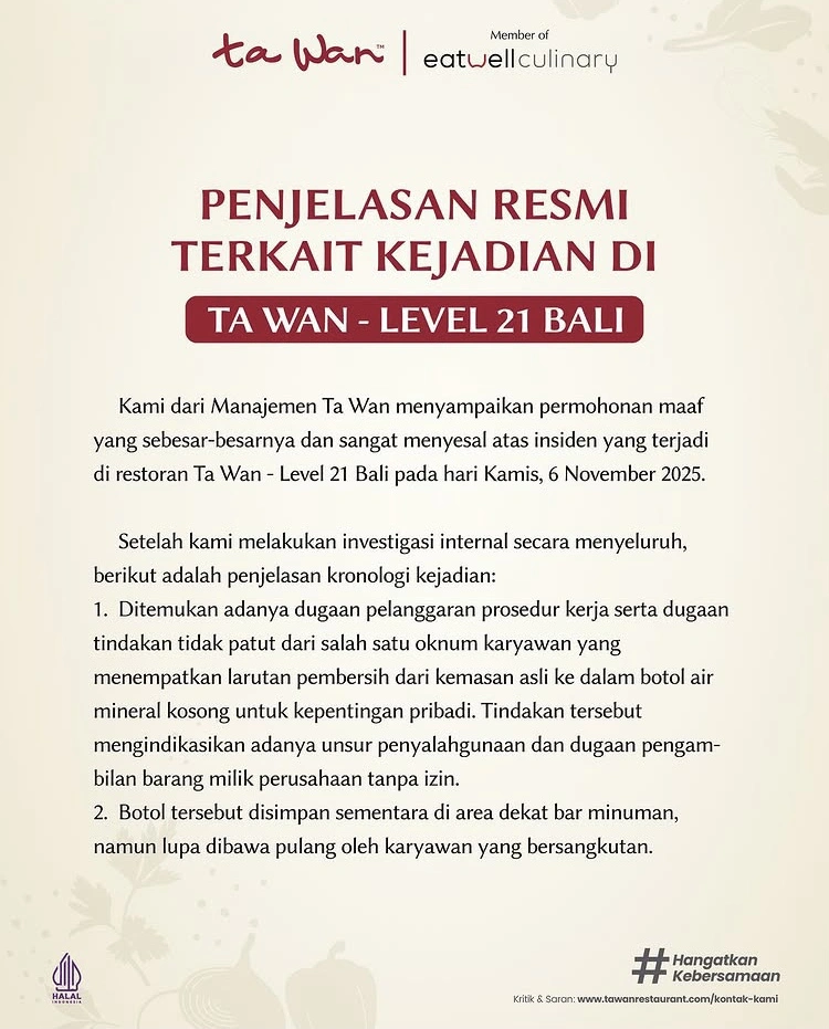 Klarifikasi Resto Ta Wan Bali 1 (Instagram)