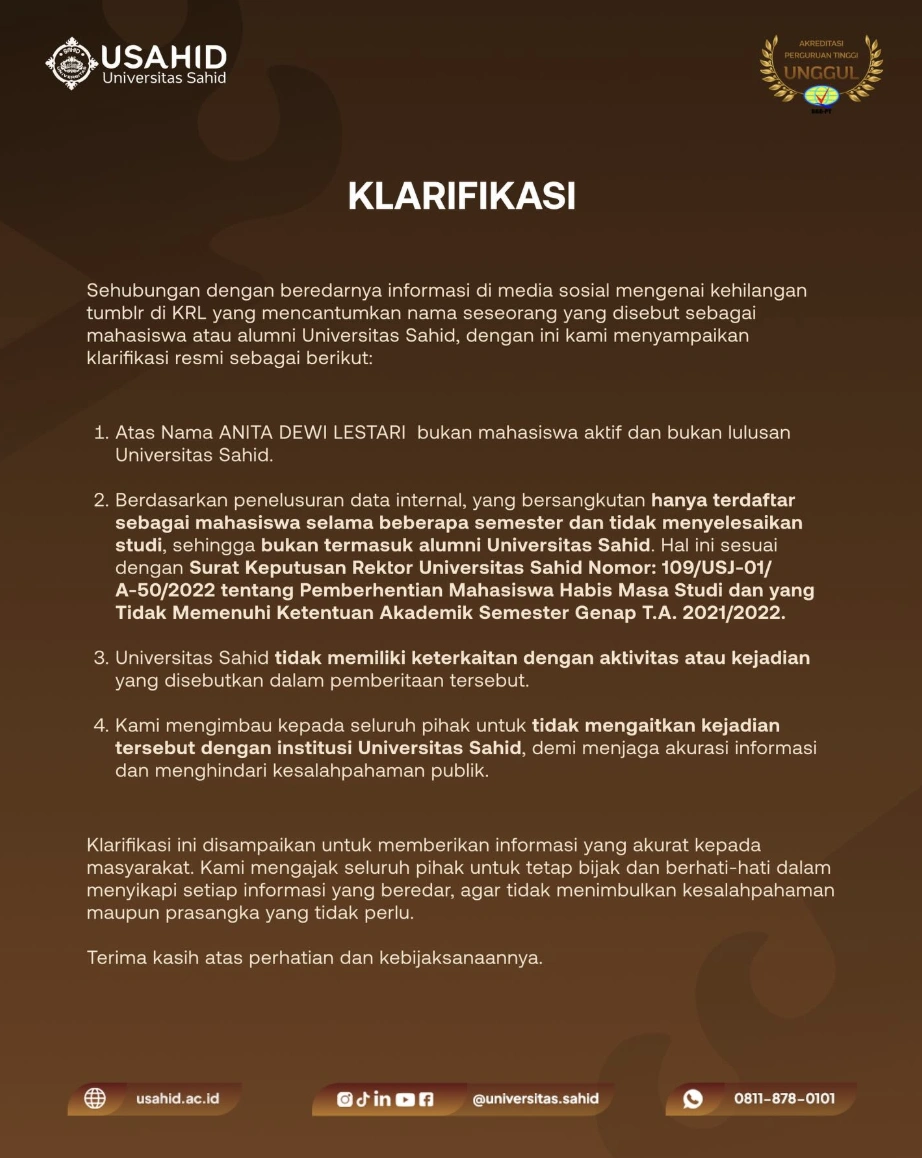 Klarifikasi Universitas Sahid Atas Status Kemahsiswaan Anita Dewi
