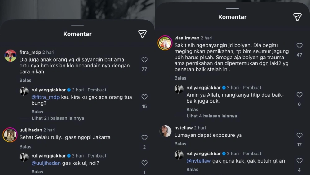 Rully membalas beberapa komentar hujatan netizen. [Instagram]