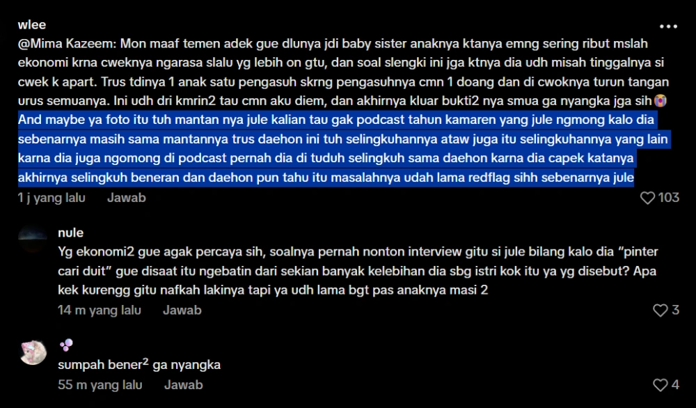 Komentar Netizen Soal Perselingkuhan Jule cr: TikTok