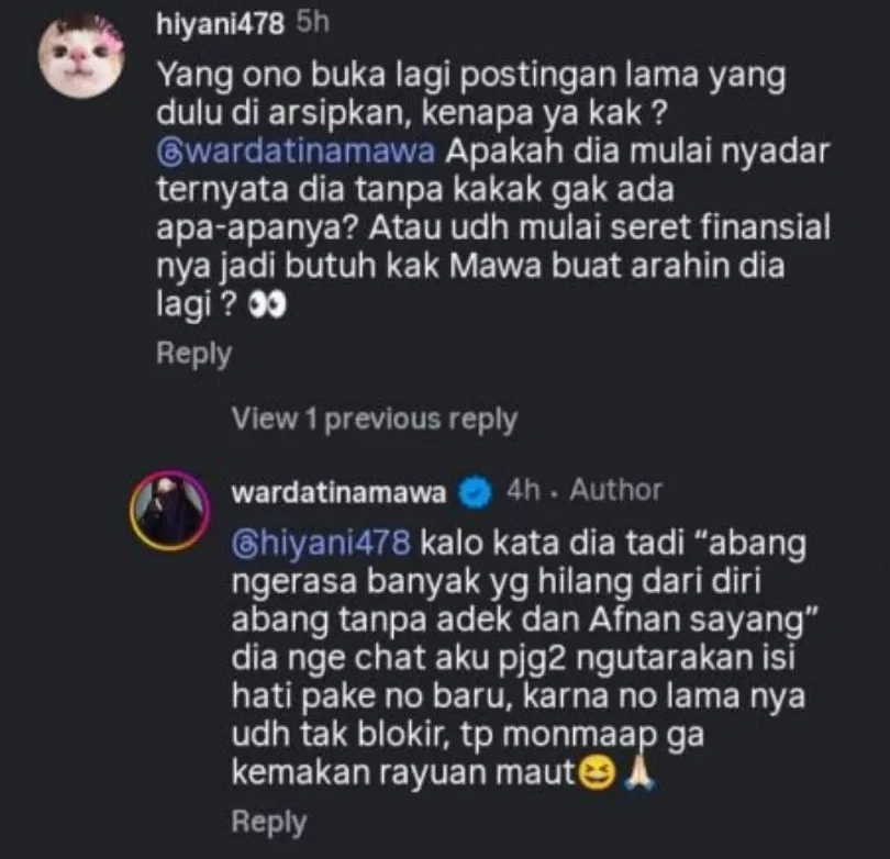 Komentar Netizen Yang Dibalas Wardatina Mawa Instagram