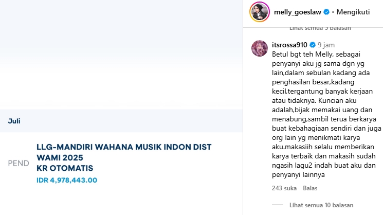 Komentar Rossa di Unggahan Melly Goeslaw (Instagram/@melly_goeslaw)