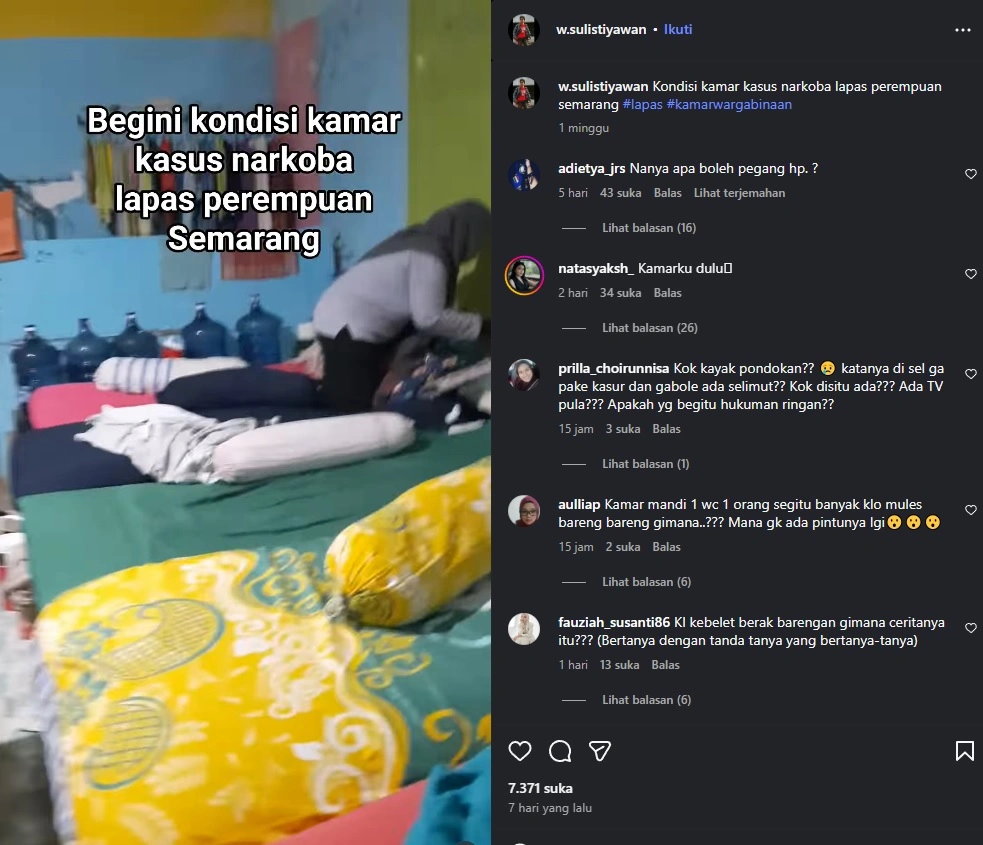 Kondisi Dalam Kamar Lapas Perempuan Kasus Narkoba Semarang Instagram W Sulistiyawan