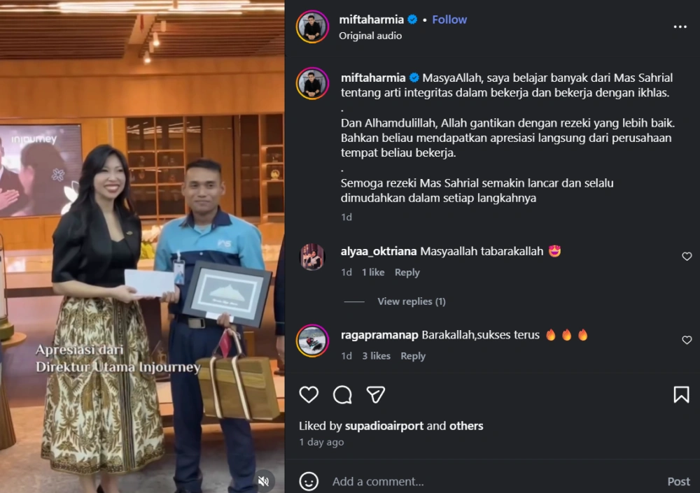 Konten Kreator Miftah Harmia Puji Petugas Cleaning Service Yang Tolak Uang Darinya [Sumber: Instagram]