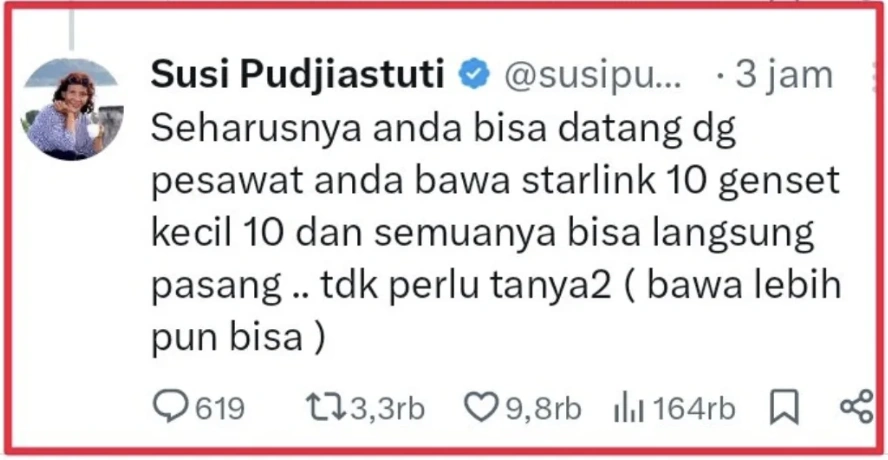 Kedatangan Gibran ke Gayo Lues dikritik oleh Susi Pudjiastuti. [Instagram]
