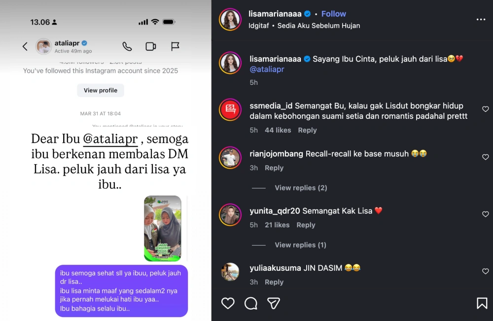 Lisa Mariana pamer dirinya DM Atalia Praratya. [Instagram]