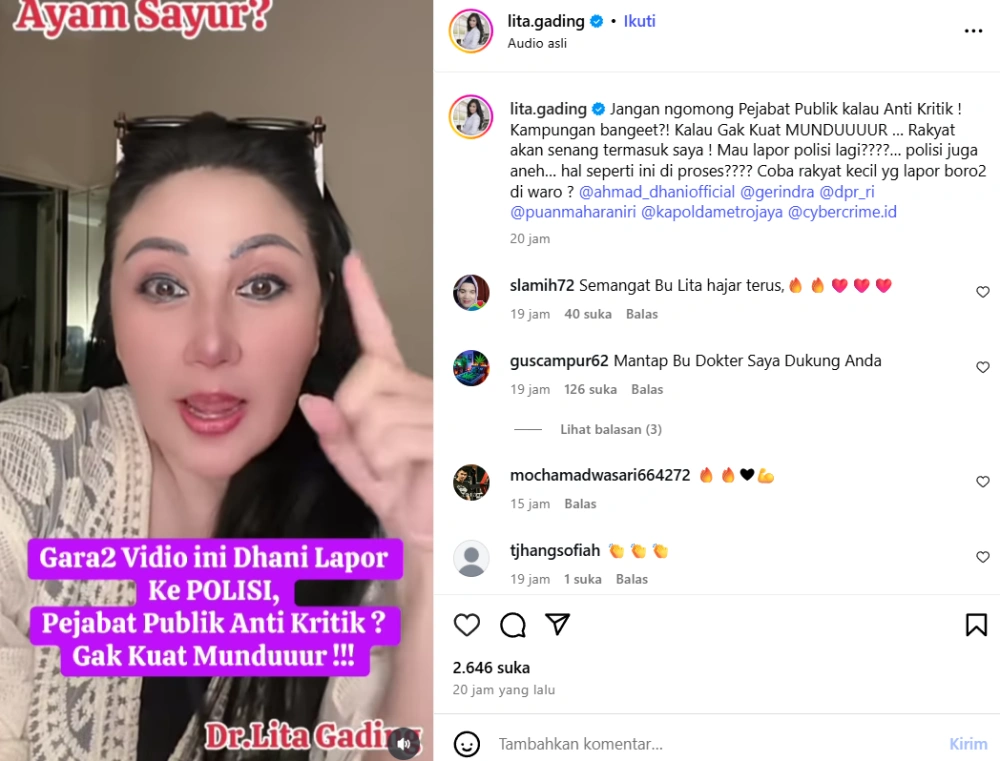 Lita Gading Sebut Ahmad Dhani Anti Kritik Instagram Lita Gading