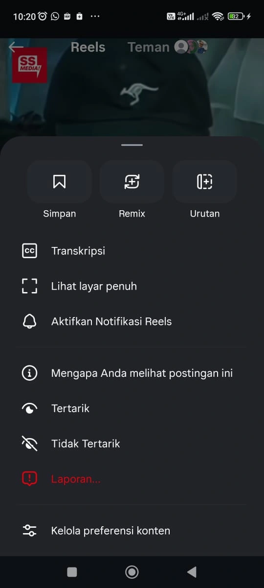 Posisi tombol not interested di reels bisa diakses setelah meng-klik tombol titik tiga di sudut layar, jauh dari tombol like. [Instagram]