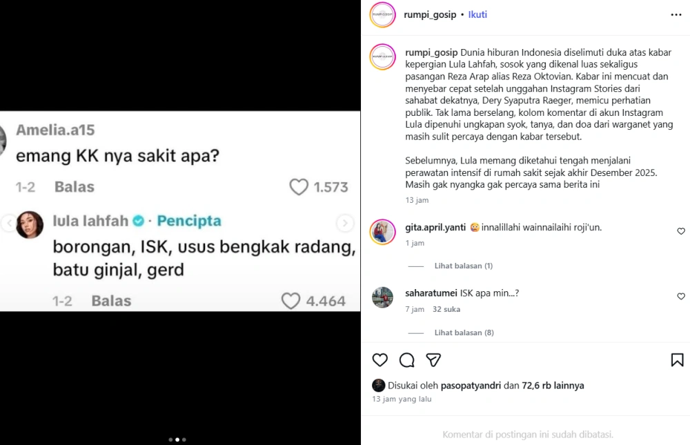 Lula Lahfah Pernah Beberkan Soal Penyakitnya [sumber: Instagram Rumpi Gosip]