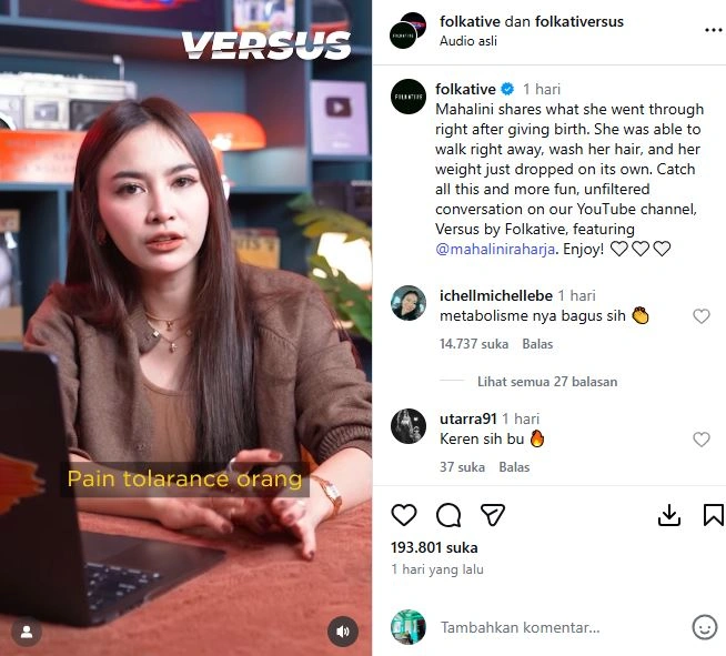 Mahalini Mengaku Tak Merasakan Sakit Saat Melahirkan (Sumber: Instagram Folkative)