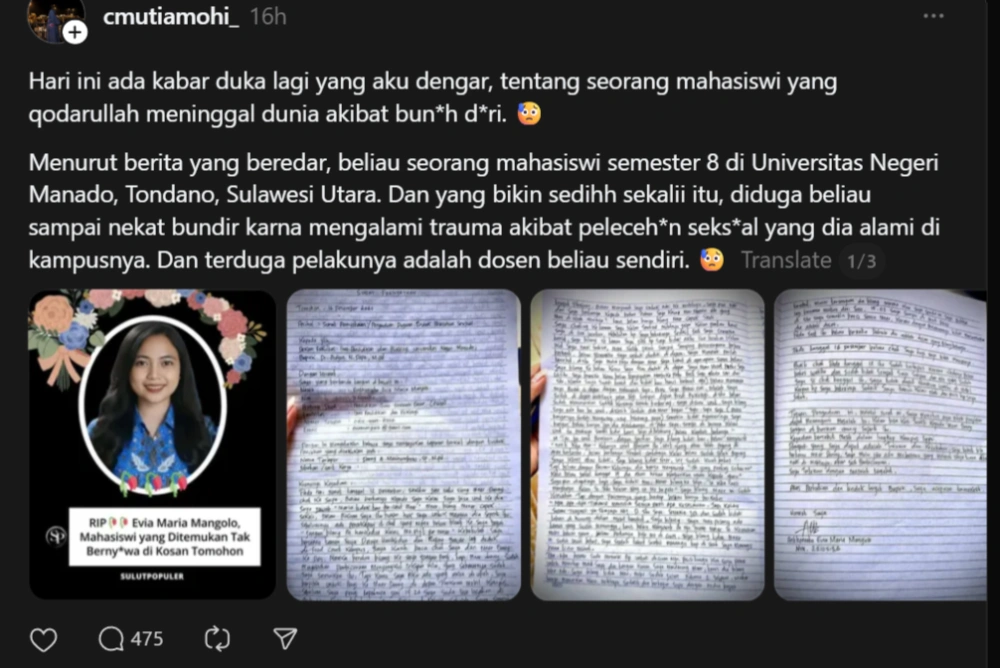 Mahasiswi Universitas Negeri Manado Bundir Di Kosan [Sumber: Threads]