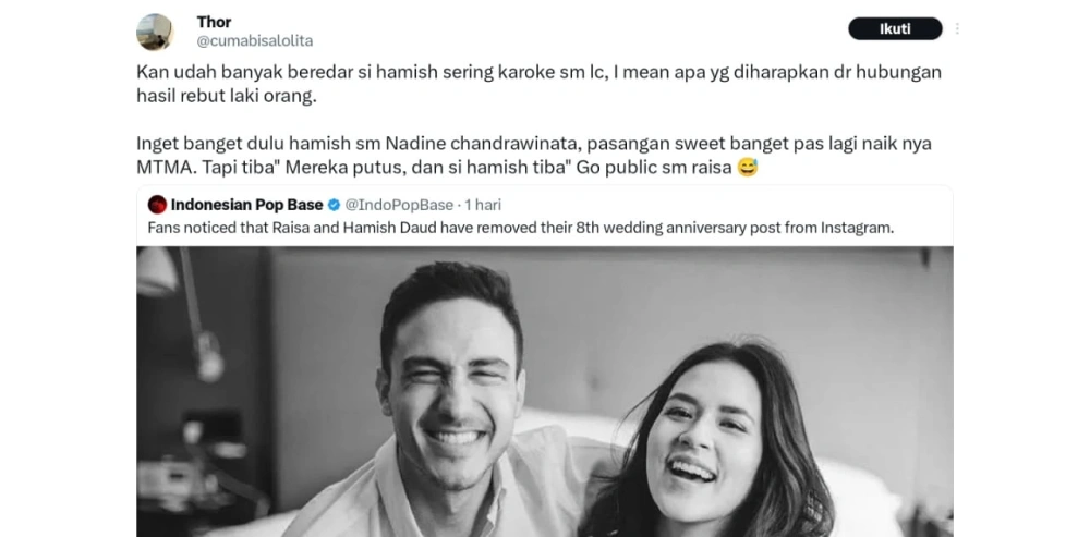 Masa Lalu Hamish Daud Dan Nadine Chandrawinata Kembali Menjadi Perbincangan X Cumabisaliolita