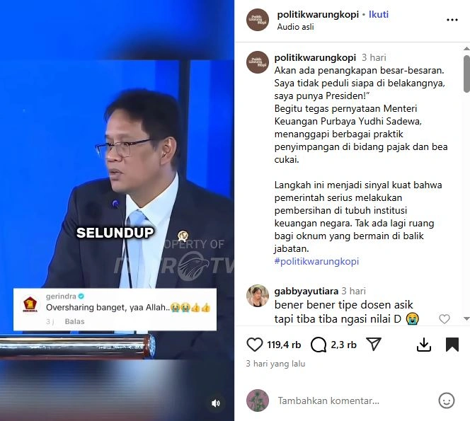 Menteri Purbaya Akan Tangkap Mafia Besar Besaran Instagram Politikwarungkopi