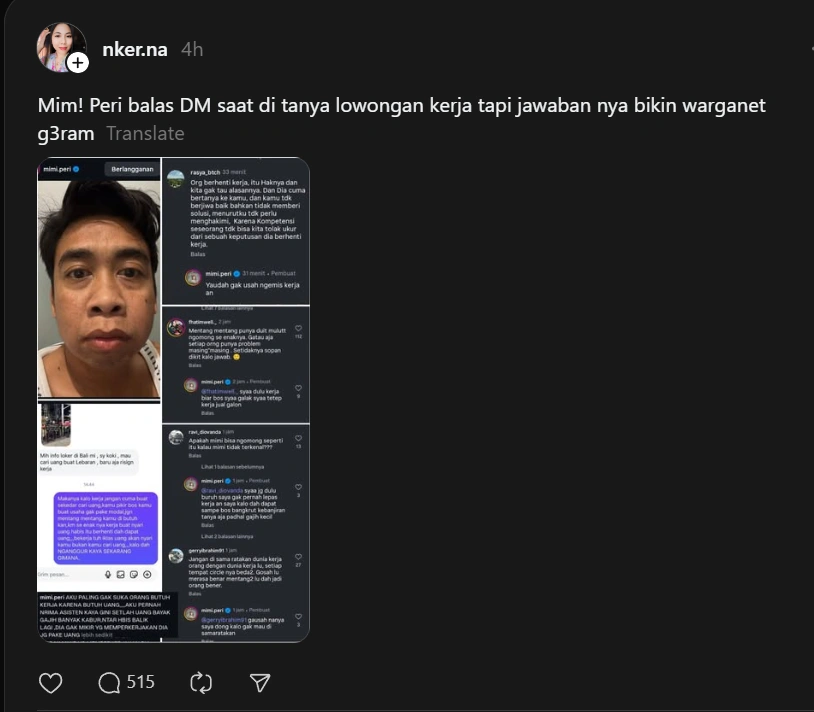Mimi Peri Semprot Netizen Yang Minta Lowongan Kerja [Sumber: Threads]