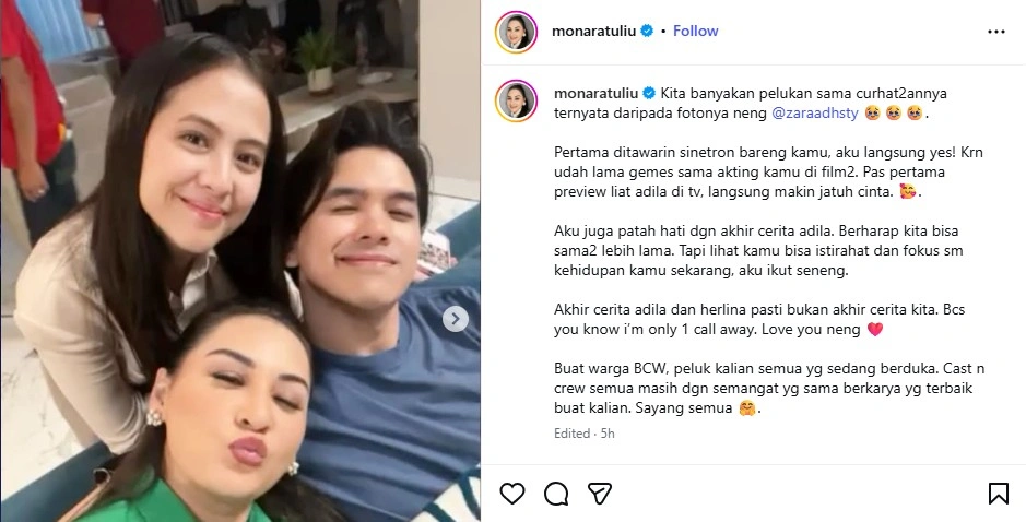 Unggahan Mona Ratuliu soal mundurnya Zara Adhisty dari sinetron Beri Cinta Waktu. [Instagram]