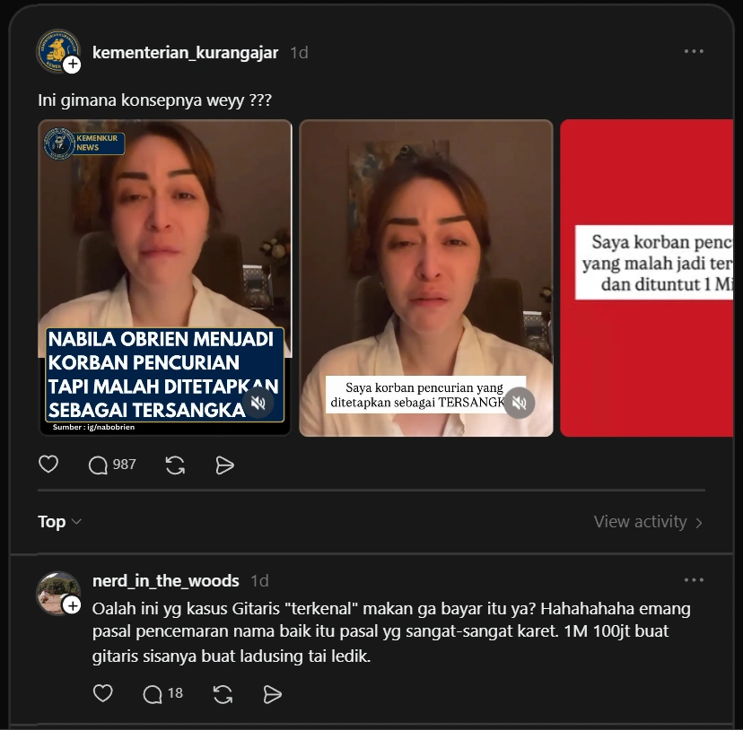 Nabilah O Brien Menangis Usai Ditetapkan Jadi Tersangka [Sumber: Threads]