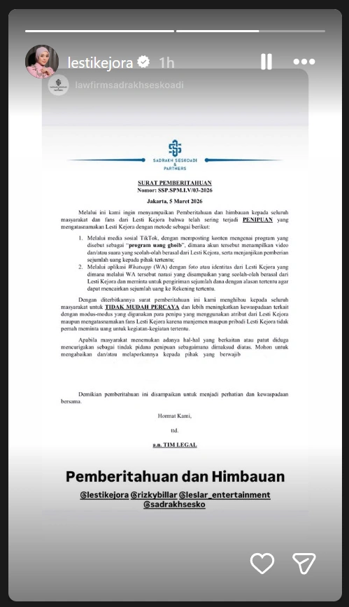 Nama Lesti Kejora Dicatut Dalam Kasus Penipuan [Sumber: Instagram]