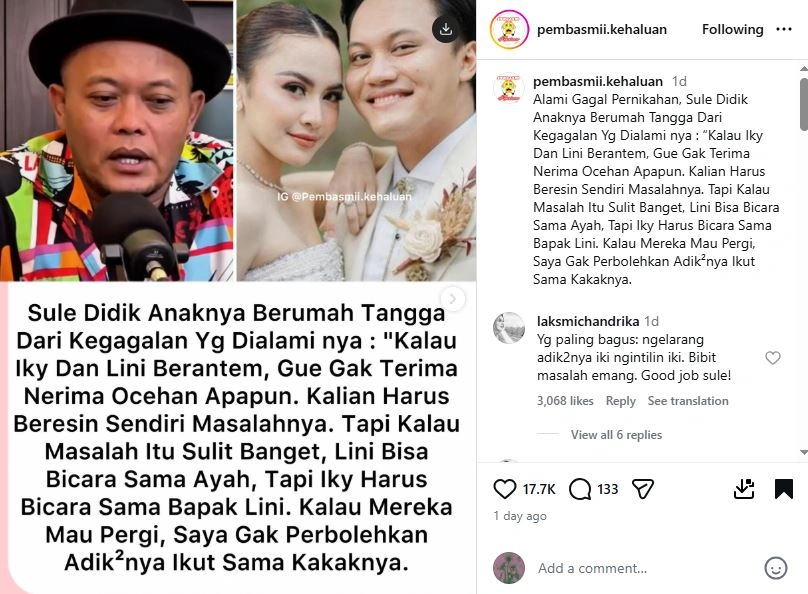 Nasihat Sule Untuk Mahalini Dan Rizky Febian [Sumber: Instagram Pembasmi Kehaluan]