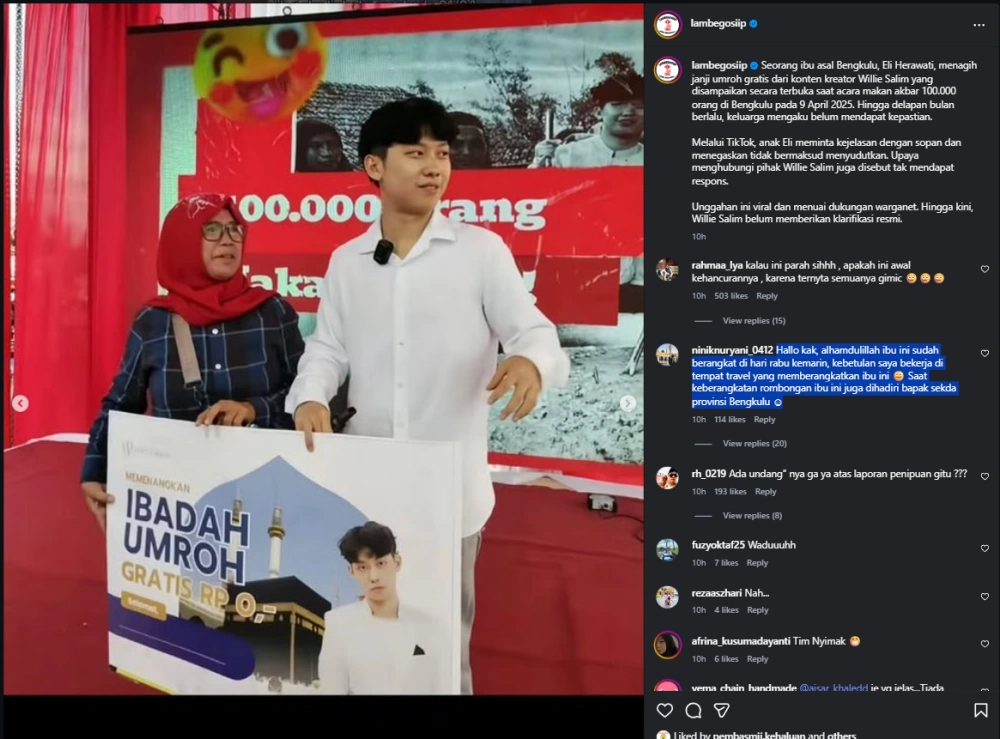 Netizen Sebut Willie Salim Tepati Janji Berangkatkan Umrah Ibu Di Bengkulu [Sumber: Instagram]