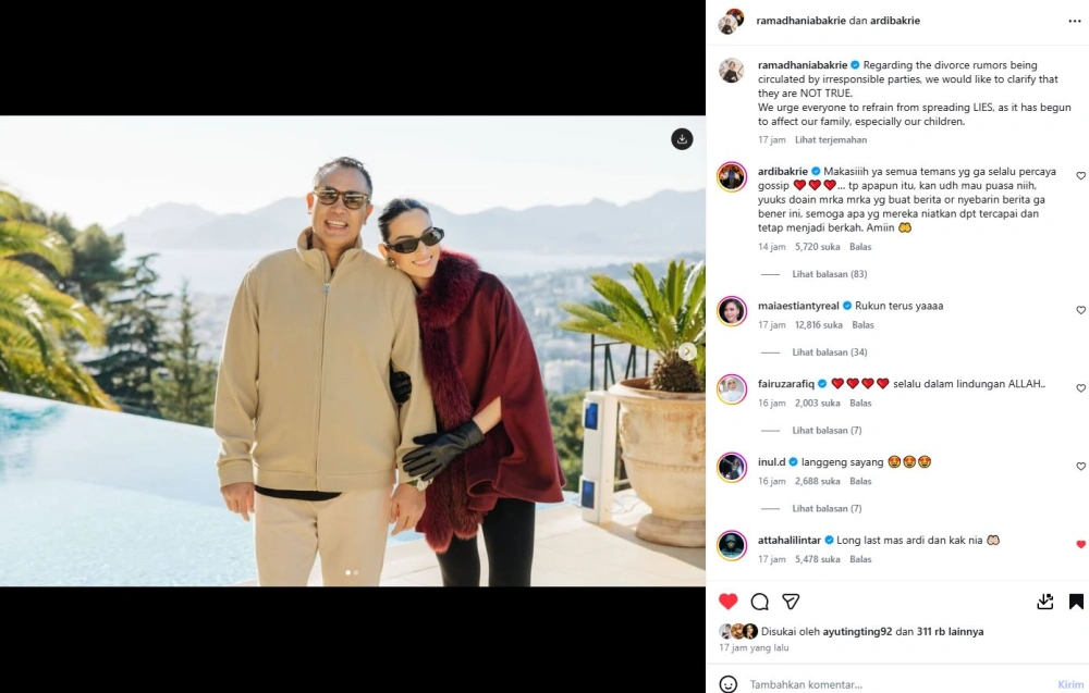 Nia Ramadhani Dan Ardi Bakrie [sumber: Instagram Ramadhaniabakrie]