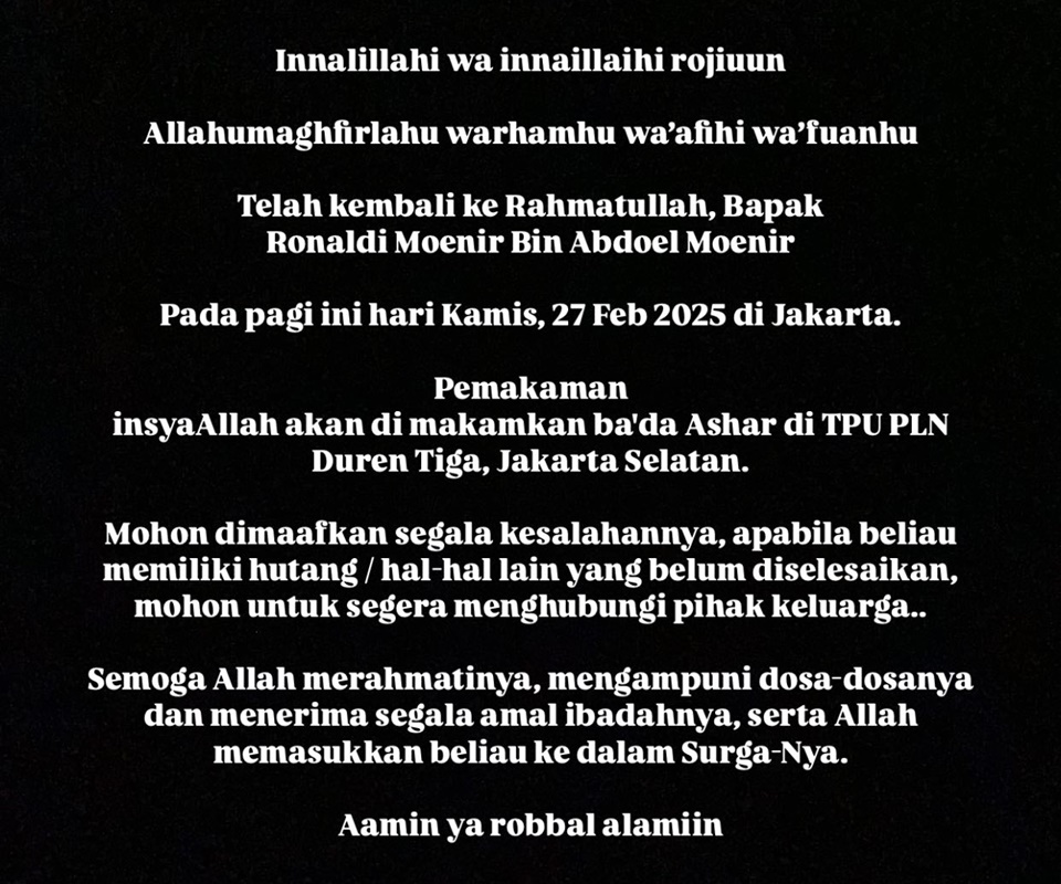 Nina Zatulini Umumkan Kabar Duka Sang Ayah Meninggal Dunia