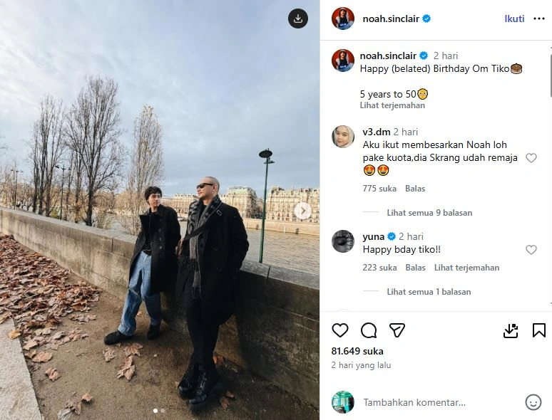 Noah Sinclair Ucapkan Selamat Ultah Untuk Tiko Aryawardhana [Sumber: Instagram Noah Sinclair]