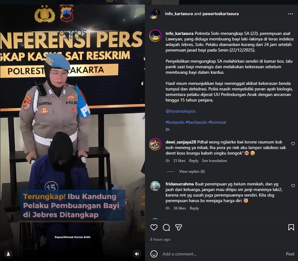 Pelaku Pembuangan Bayi di Solo [sumber: Instagram]