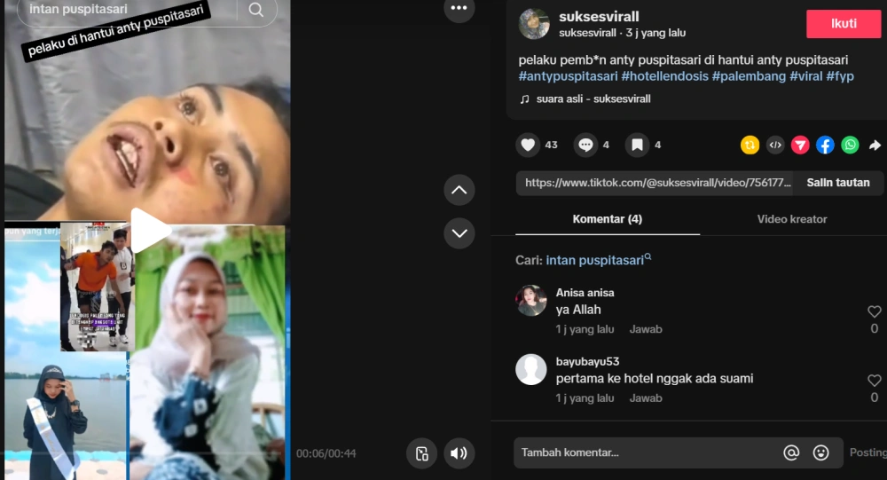 Pelaku Pembunuhan Anti Puspitasari Mengaku Dihantui Korban cr: Tiktok